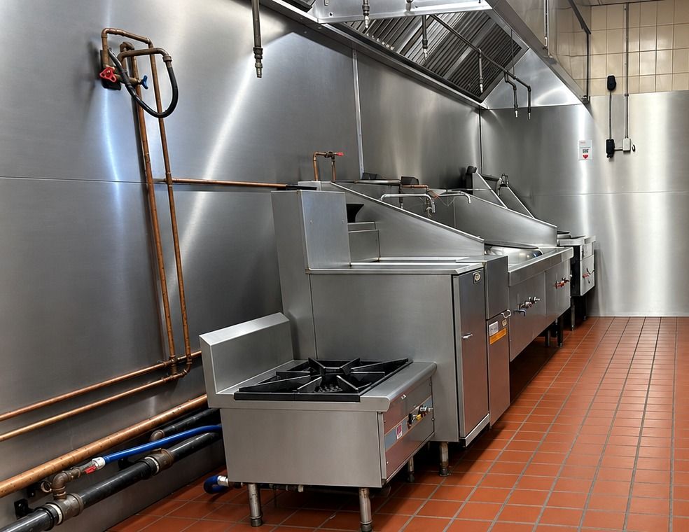 Commercial kitchen cooking line after cleaning