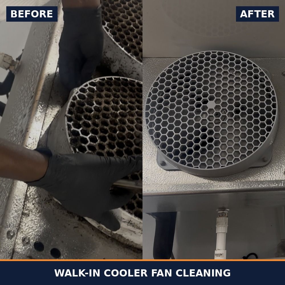 Walk-in cooler fan coil before and after cleaning