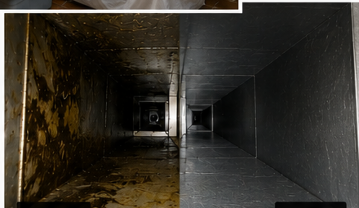 Commercial kitchen exhaust duct before and after professional cleaning