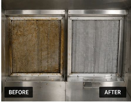 Commercial kitchen grease filter before and after cleaning
